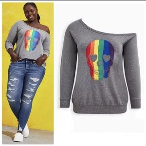 Torrid Gray Off-Shoulder Sweater with Rainbow Skull